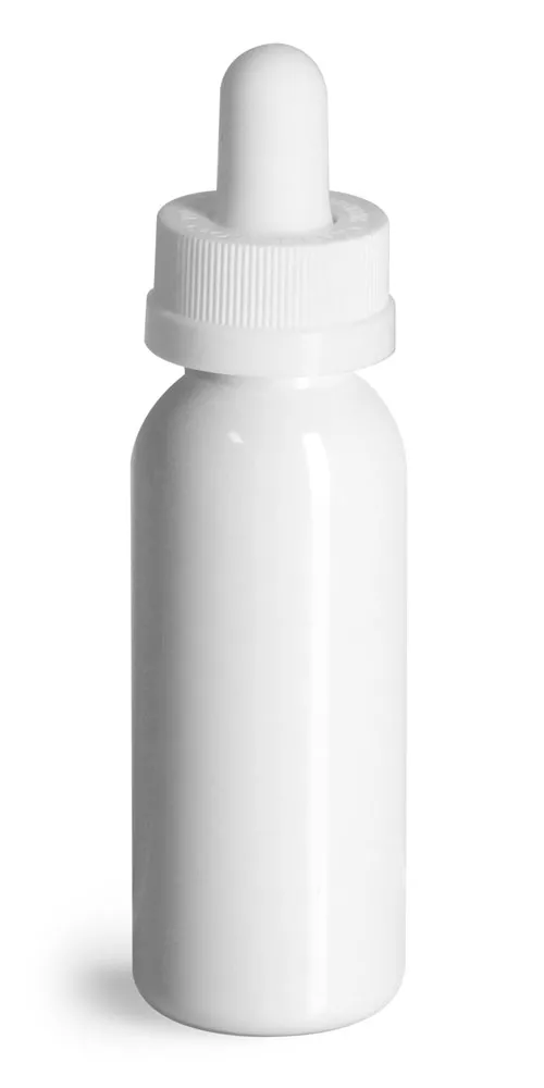 1 oz Plastic Bottles, White PET Cosmo Round Bottles w/ White Child Resistant Glass Droppers