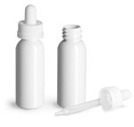 PET Plastic Bottles, White Cosmo Round Bottles w/ White Child Resistant Glass Droppers