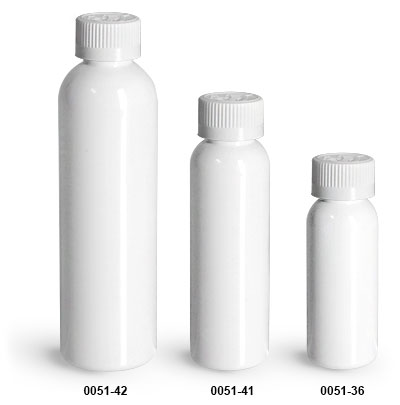 Plastic Bottles, White PET Cosmo Round Bottles w/ White Child Resistant Caps