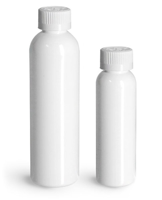 PET Plastic Bottles, White Cosmo Round Bottles w/ White Child Resistant Caps