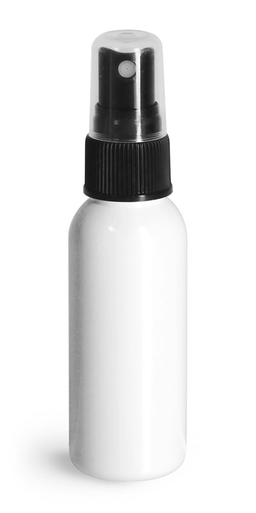 1 oz Plastic Bottles, White PET Cosmo Round Bottles w/ Black Sprayers