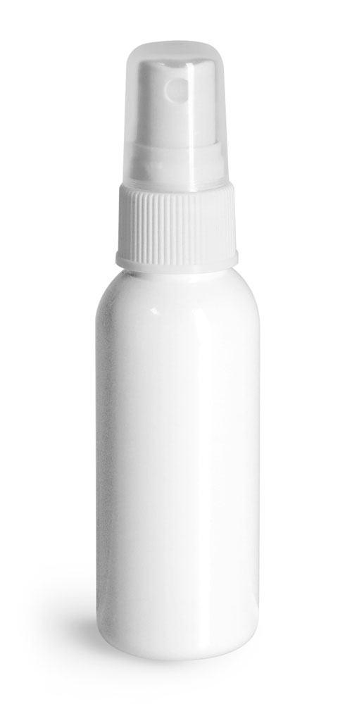 1 oz Plastic Bottles, White PET Cosmo Round Bottles w/ White Sprayers