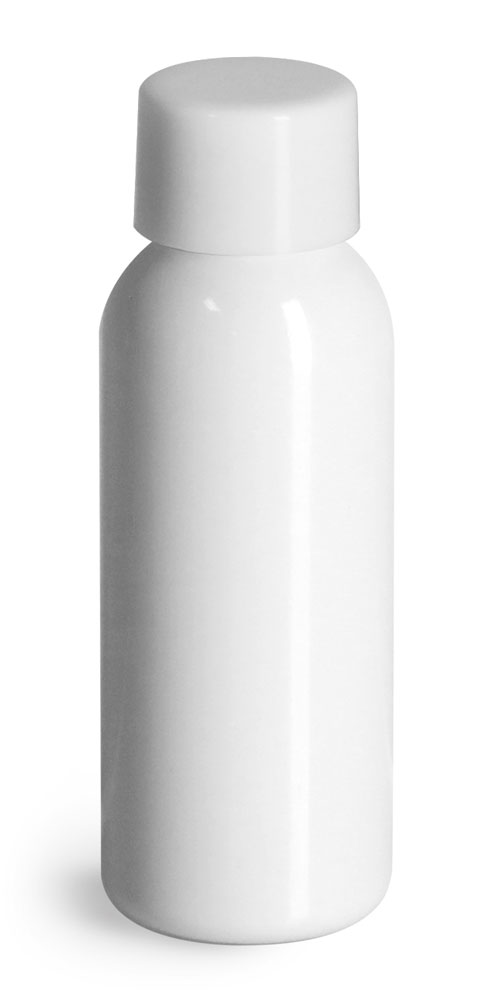 1 oz Plastic Bottles, White PET Cosmo Round Bottles w/ Smooth White PE Lined Caps
