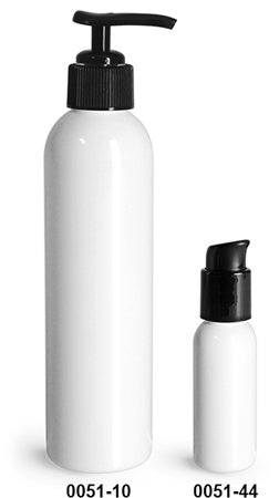 Plastic Bottles, White PET Cosmo Round Bottles w/ Black Lotion Or Treatment Pumps