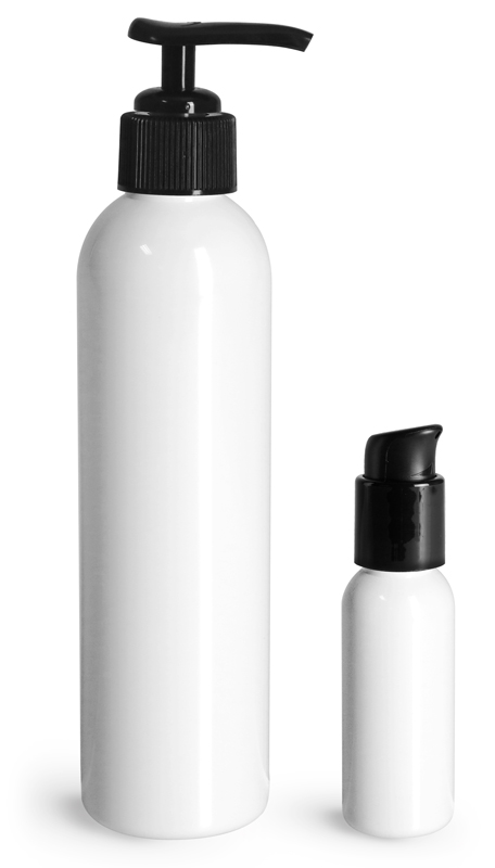 PET Plastic Bottles, White Cosmo Round Bottles w/ Black Pumps