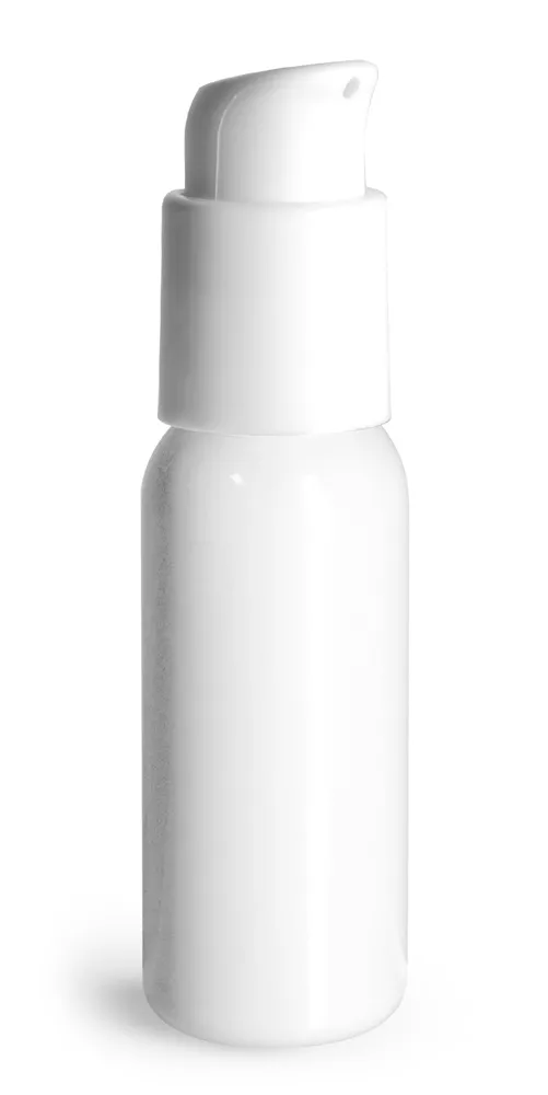 1 oz White PET Cosmo Round Bottles w/ White Treatment Pumps