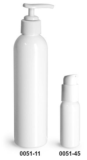 Plastic Bottles, White PET Cosmo Round Bottles w/ White Lotion Pumps