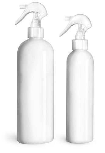PET Plastic Bottles, White Cosmo Round Bottles w/ White Mini Trigger Sprayers