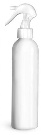 
8 oz White PET Cosmo Round Bottles w/ White Polypropylene Mini Trigger Sprayers