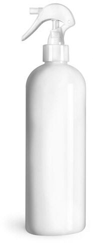 16 oz White PET Cosmo Round Bottles w/ White Polypropylene Mini Trigger Sprayers