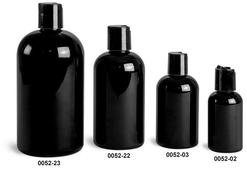 Plastic Bottles, Black PET Boston Round Bottles w/ Black Disc Top Caps