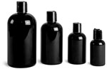 PET Plastic Bottles, Black Boston Round Bottles w/ Black Disc Top Caps