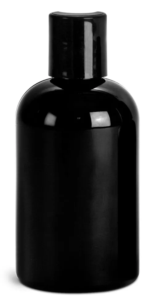 4 oz Black PET Round Bottles w/ Black Disc Top Caps