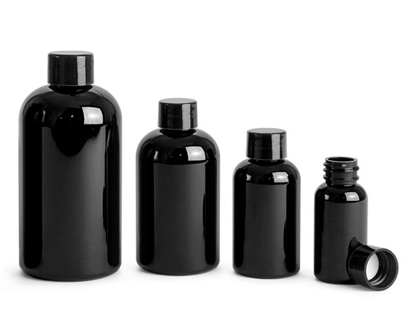 PET Plastic Bottles, Black Boston Round Bottles w/ Black Smooth PE Lined Caps