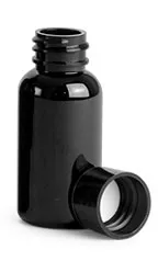 1 oz Black PET Round Bottles w/ Black Smooth PE Lined Caps