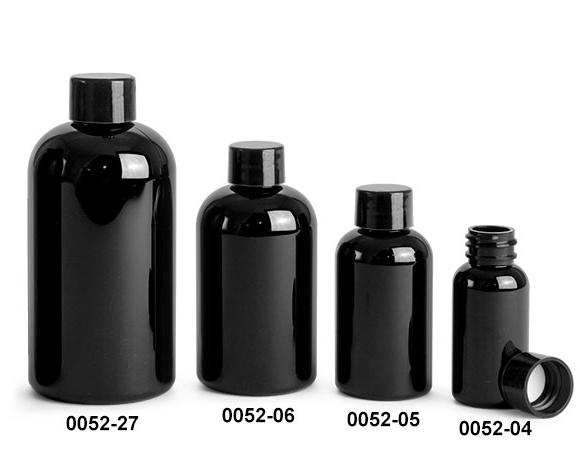 Plastic Bottles, Black PET Boston Round Bottles w/ Black Smooth PE Lined Caps