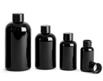 PET Plastic Bottles, Black Boston Round Bottles w/ Black Smooth F217 Lined Caps