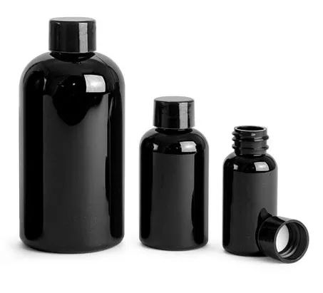 PET Plastic Bottles, Black Boston Round Bottles w/ Black Smooth PE Lined Caps