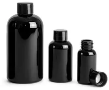 PET Black Boston Round Bottles w/ Black Smooth PE Lined Caps