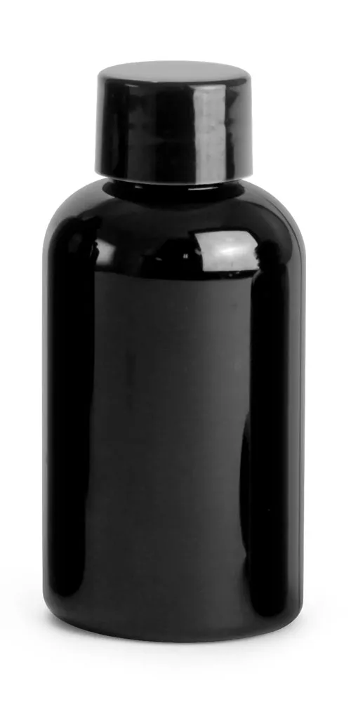 2 oz Black PET Round Bottles w/ Black Smooth PE Lined Caps
