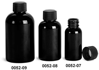 Plastic Bottles, Black PET Boston Round Bottles w/ Black Ribbed F217 Lined Caps