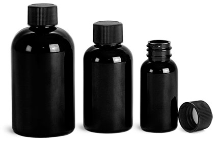 PET Plastic Bottles, Black Boston Round Bottles w/ Black Ribbed F217 Lined Caps