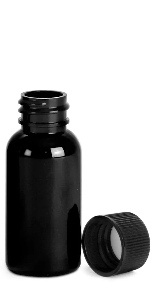 1 oz Black PET Round Bottles w/ Black Ribbed F217 Lined Caps