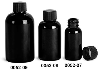 Plastic Bottles, Black PET Boston Round Bottles w/ Black Ribbed F217 Lined Caps