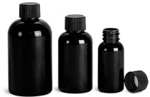 PET Black Boston Round Bottles w/ Black Ribbed F217 Lined Caps