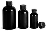 PET Plastic Bottles, Black Boston Round Bottles w/ Black Ribbed F217 Lined Caps