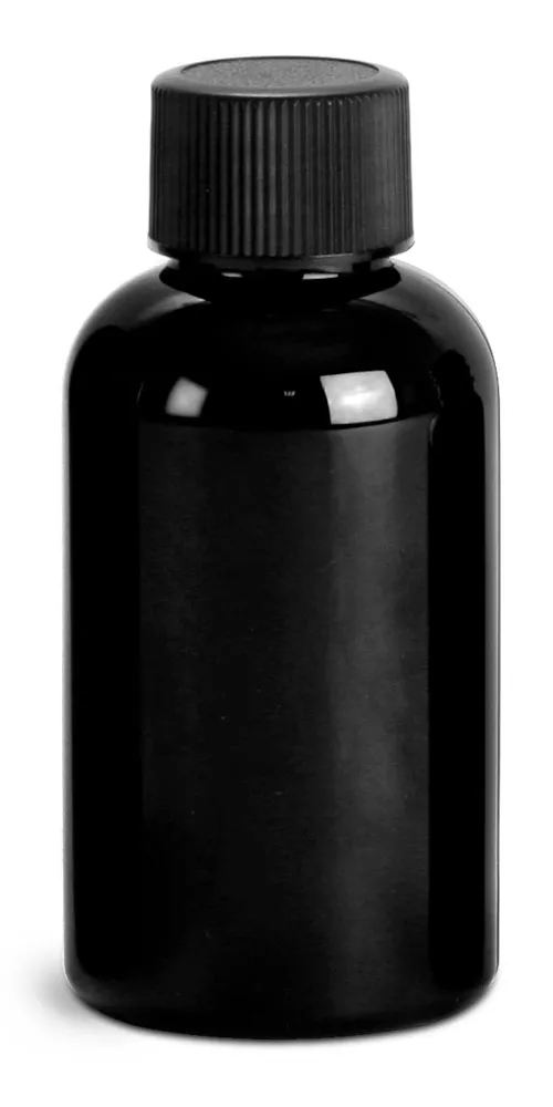 2 oz Black PET Round Bottles w/ Black Ribbed F217 Lined Caps
