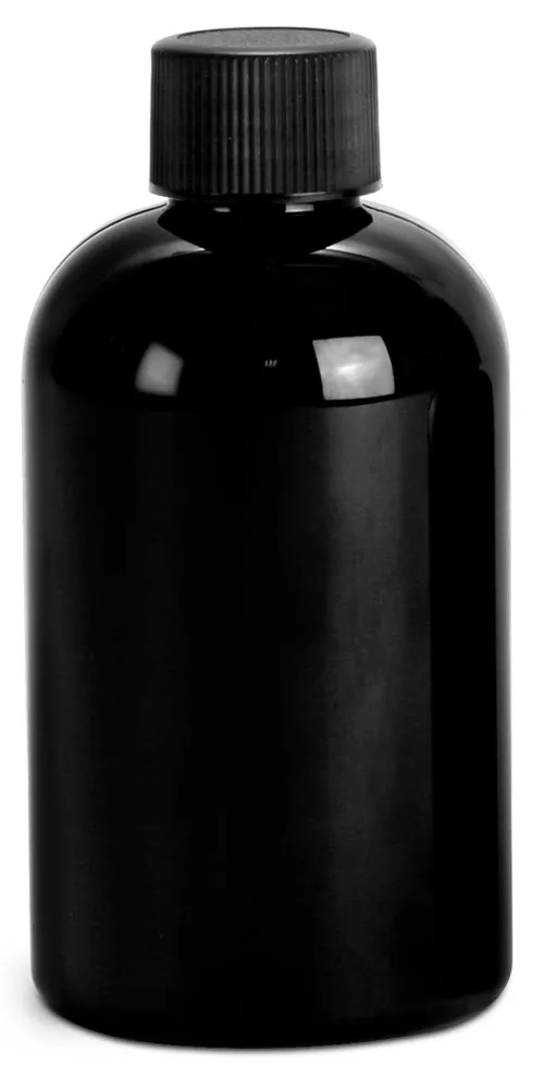 4 oz Black PET Round Bottles w/ Black Ribbed F217 Lined Caps