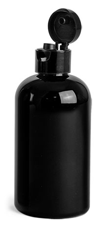 Plastic Bottles, Black PET Boston Round Bottles w/ Smooth Black Snap Top Caps