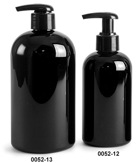 Plastic Bottles, Black PET Boston Round Bottles w/ Black 2 Cc Lotion Pumps