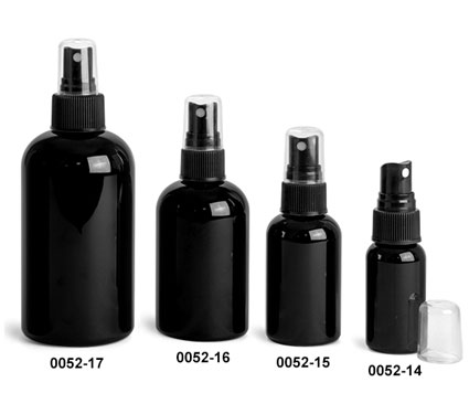 Plastic Bottles, Black PET Round Bottles w/ Black Fine Mist Sprayers