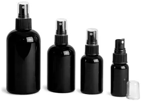 PET Black Boston Round Bottles w/ Black Fine Mist Sprayers