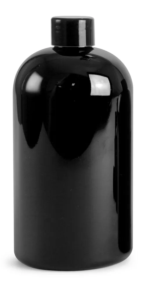 8 oz Black PET Round Bottles w/ Black Smooth PE Lined Caps