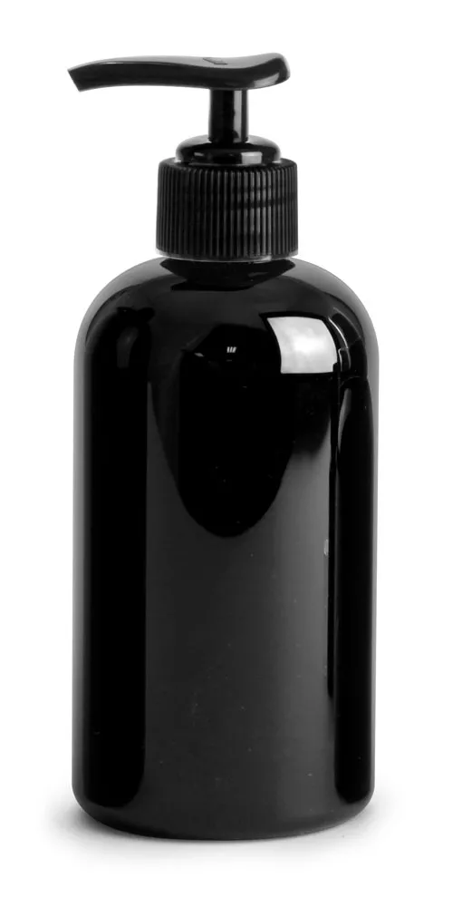 8 oz Black PET Boston Round Bottles w/ Black Pumps