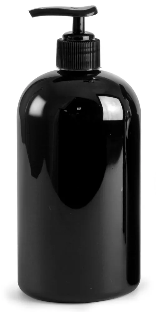 16 oz PET Plastic Bottles, Black Boston Round Bottles w/ Black Pumps