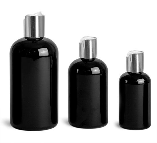PET Plastic Bottles, Black Boston Round Bottles w/ Silver Disc Top Caps