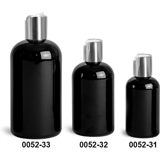 Plastic Bottles, Black PET Boston Round Bottles w/ Silver Disc Top Caps