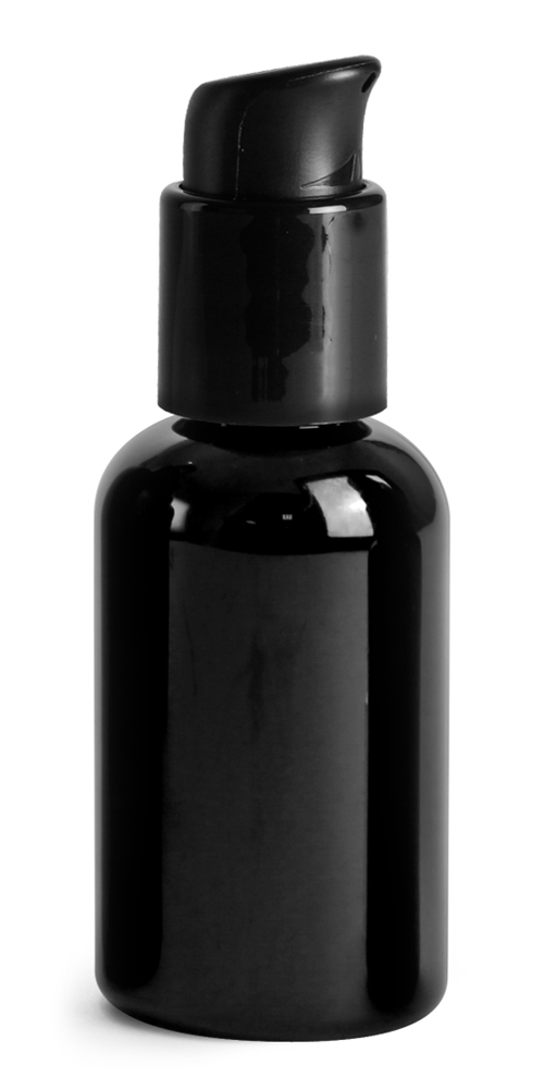 2 oz PET Plastic Bottles, Black Boston Round Bottles w/ Black Pumps