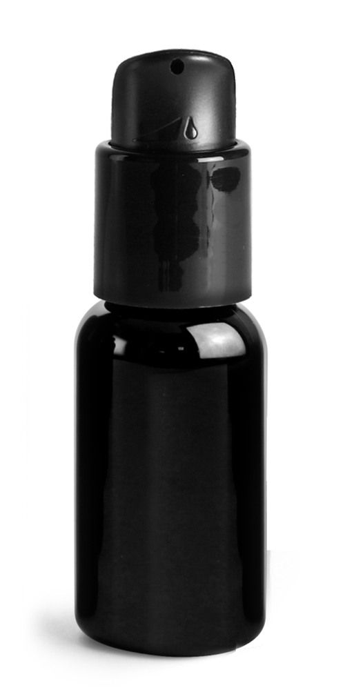 1 oz PET Plastic Bottles, Black Boston Round Bottles w/ Black Pumps