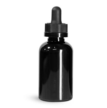 Plastic Bottles, 2 oz Black PET Boston Round Bottles w/ Black Child Resistant Droppers