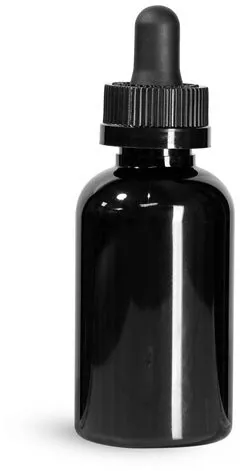 2 oz Black PET Boston Round Bottles w/ Black Child Resistant Droppers