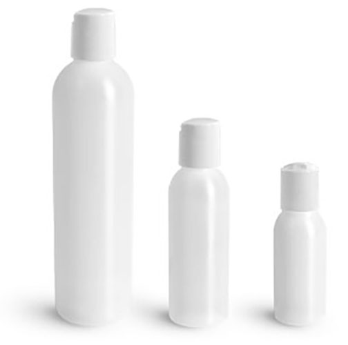 HDPE Plastic Bottles, Natural Cosmo Round Bottles w/ White Disc Top Caps