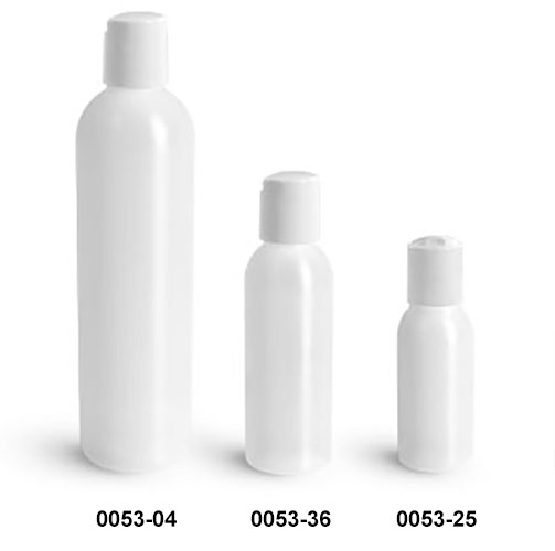 Plastic Bottles, Natural HDPE Cosmo Round Bottles w/ White Disc Top Caps