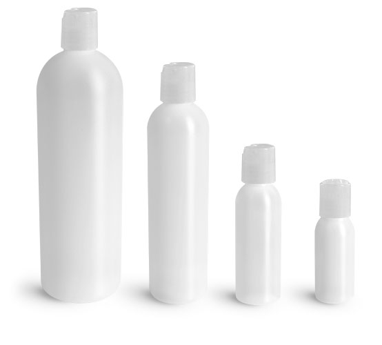HDPE Plastic Bottles, Natural Cosmo Round Bottles w/ Natural Disc Top Caps