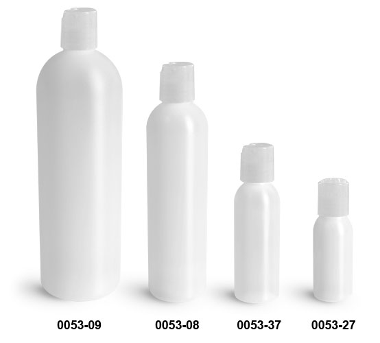 Plastic Bottles, Natural HDPE Cosmo Round Bottles w/ Natural Disc Top Caps
