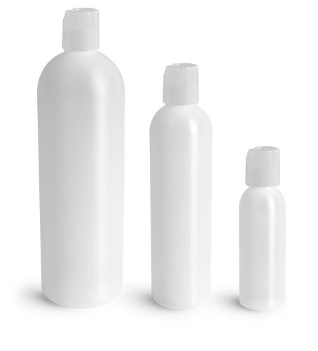 HDPE Plastic Bottles, Natural Cosmo Round Bottles w/ Natural Disc Top Caps